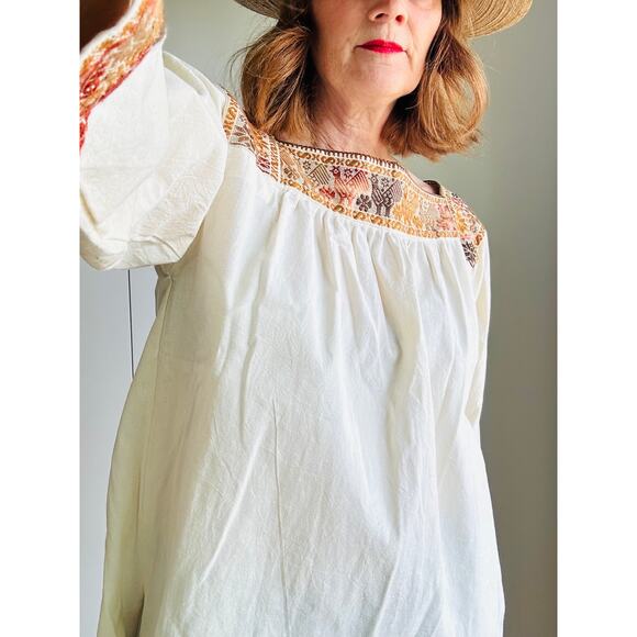 Vintage 70s Peasant Blouse Boho Hand Embroidered Cotton Folk Festival Shirt SZ M - Picture 8 of 13